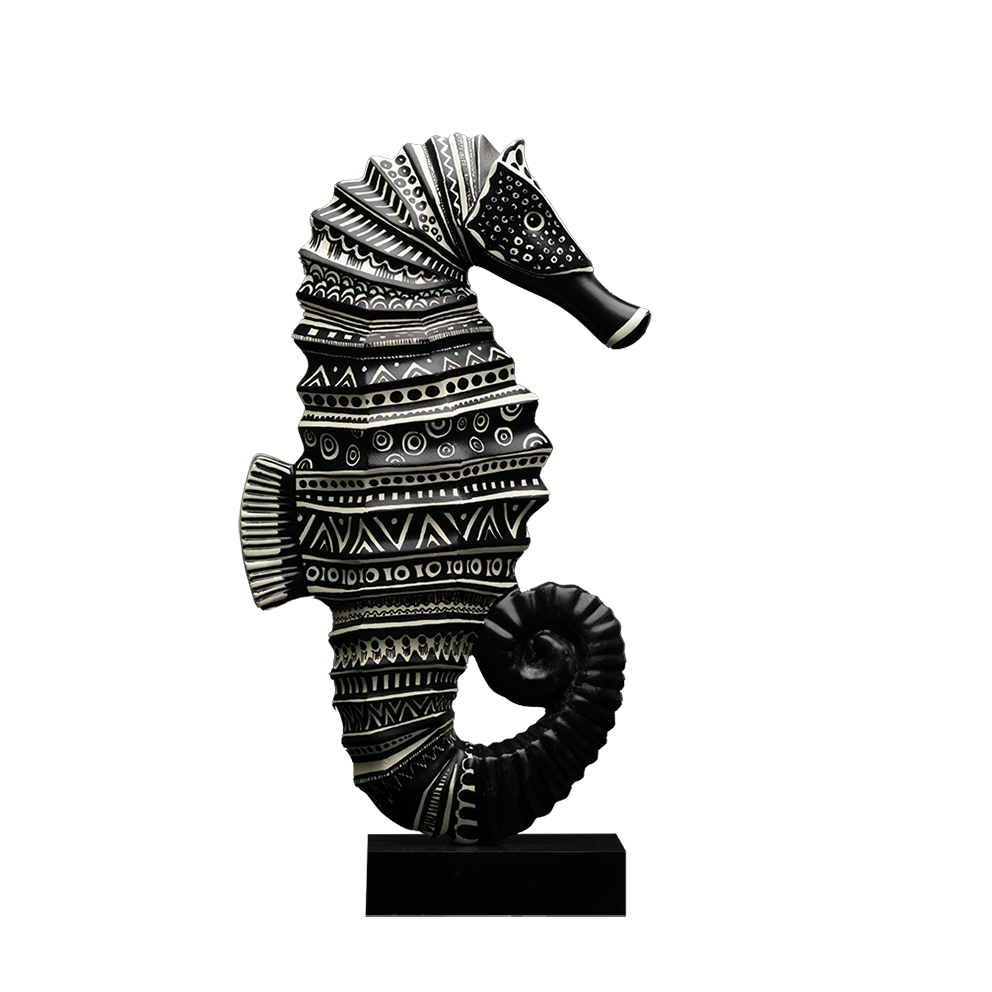 Hippocampe broderie noire à motif traditionnel sculpture  en résine