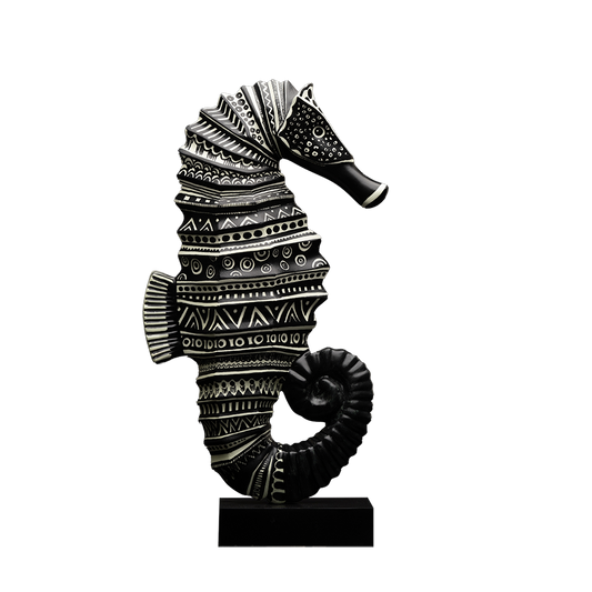 Hippocampe broderie noire à motif traditionnel sculpture  en résine