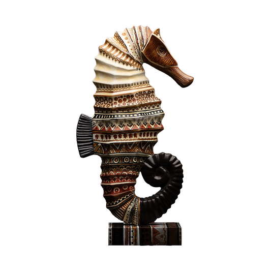 Hippocampe marron à motif traditionnel sculpté en résine.